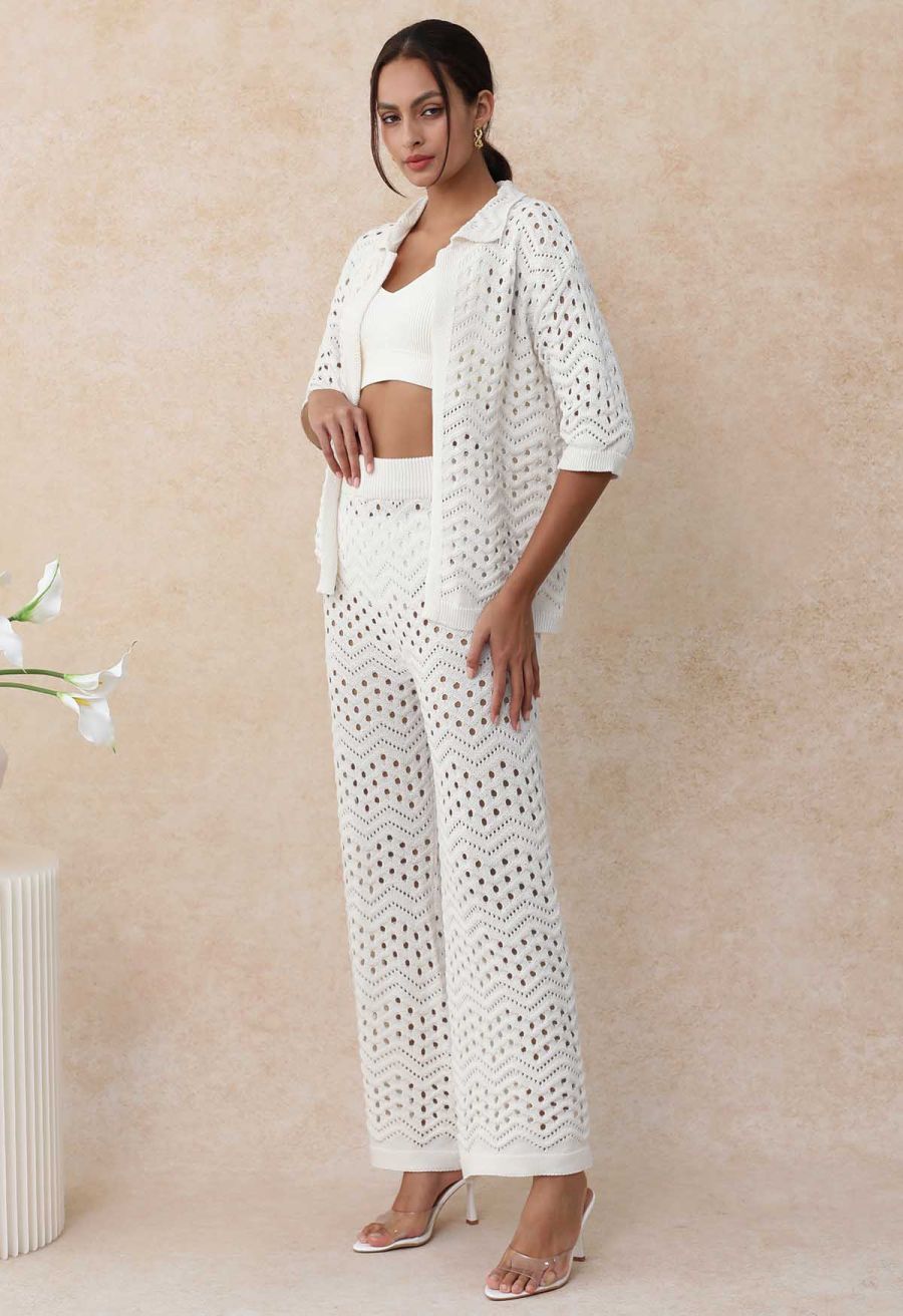 Wavy Open-Knit Crochet Top and Pants Set
