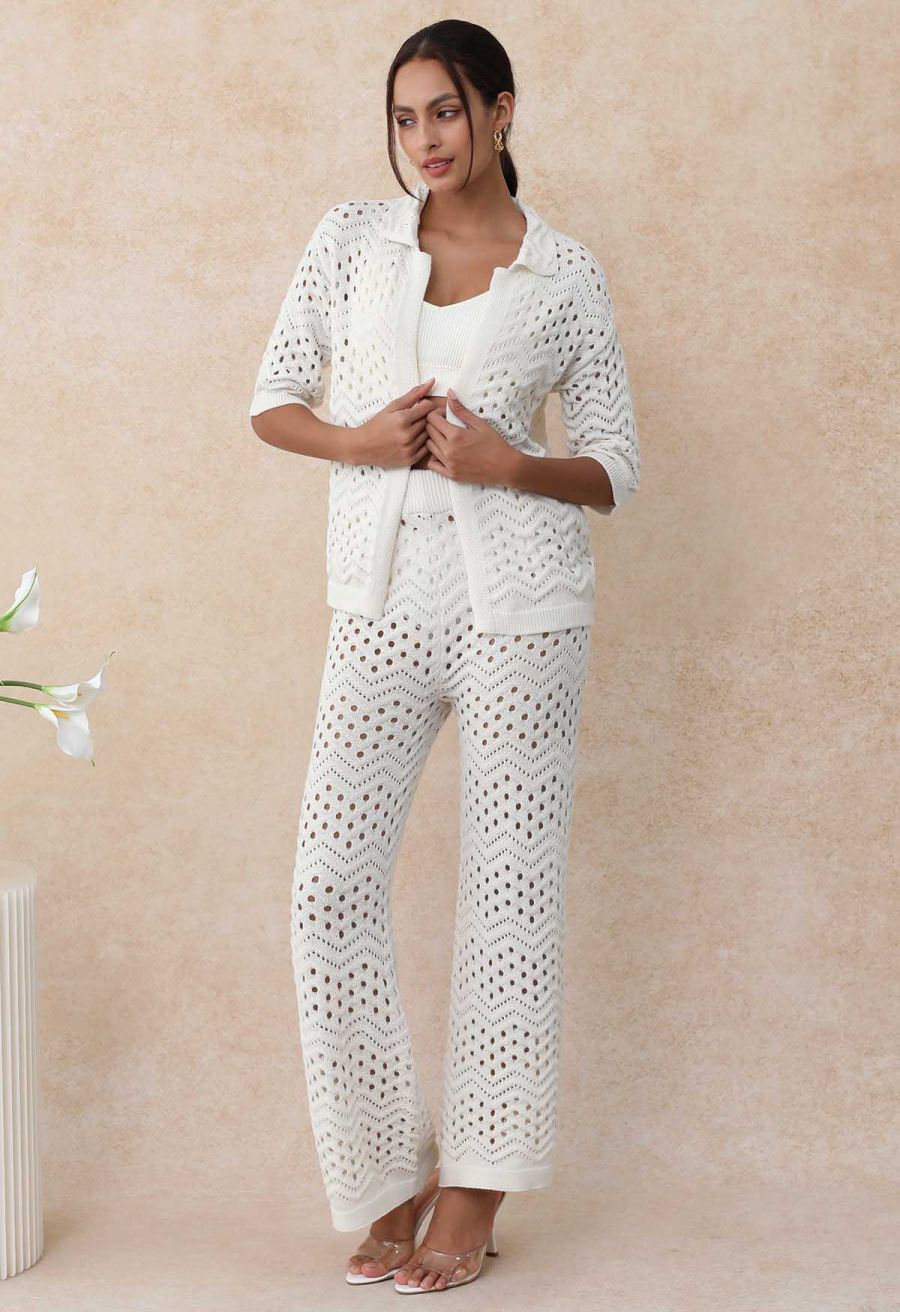 Wavy Open-Knit Crochet Top and Pants Set