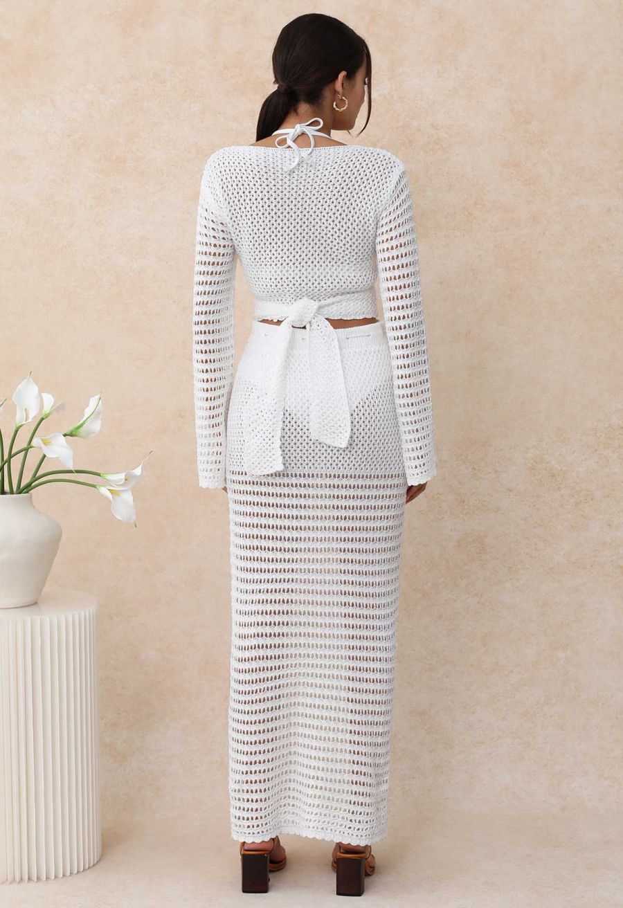 Tie-Knot Open-Knit Crochet Wrap Top and Maxi Skirt Set in White