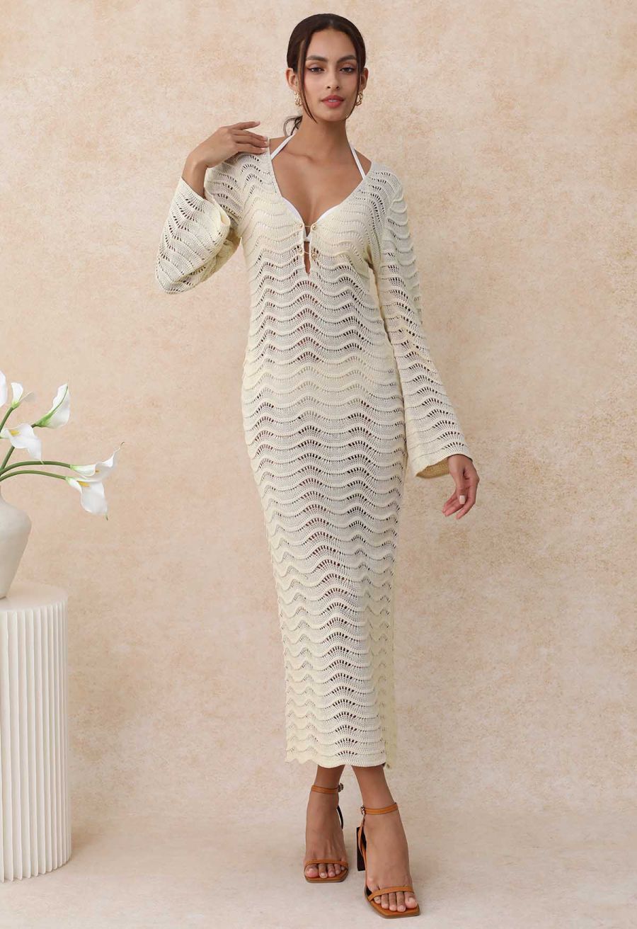V-Neck Wavy Open-Knit Crochet Cover-Up Maxi Dress in Sand
