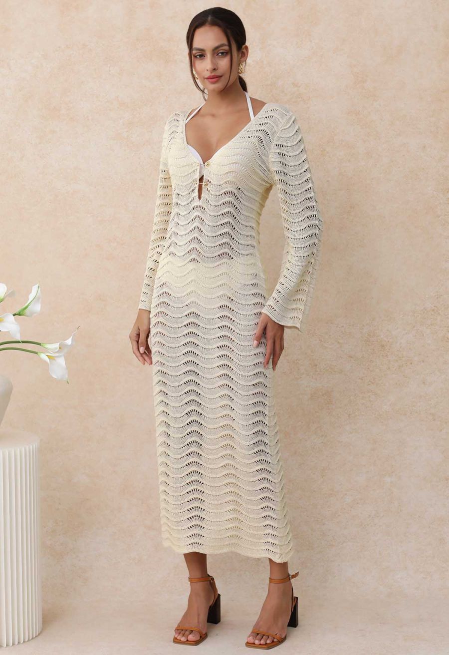 V-Neck Wavy Open-Knit Crochet Cover-Up Maxi Dress in Sand