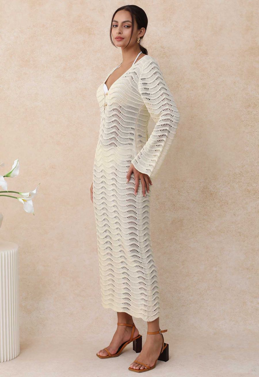 V-Neck Wavy Open-Knit Crochet Cover-Up Maxi Dress in Sand