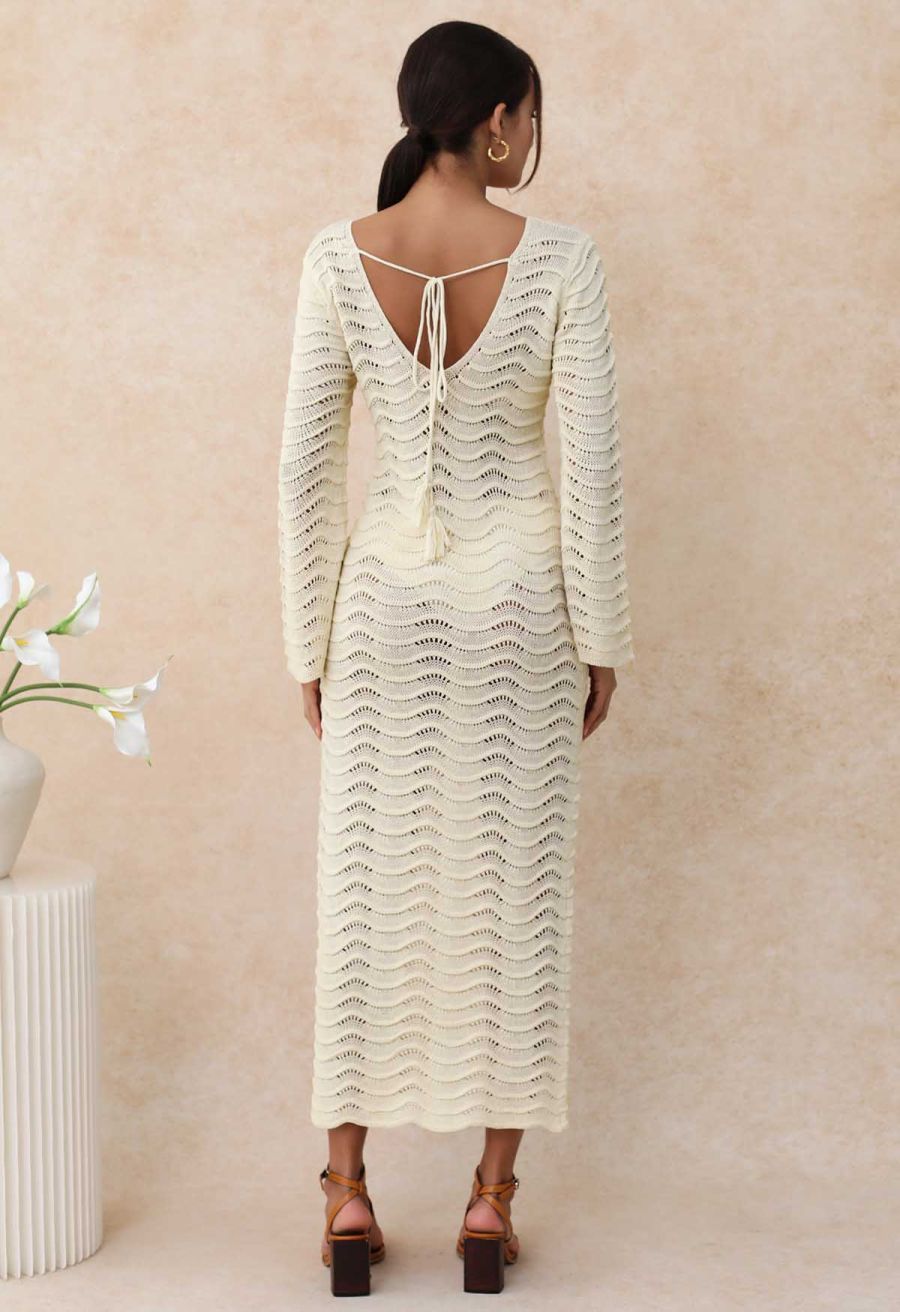 V-Neck Wavy Open-Knit Crochet Cover-Up Maxi Dress in Sand