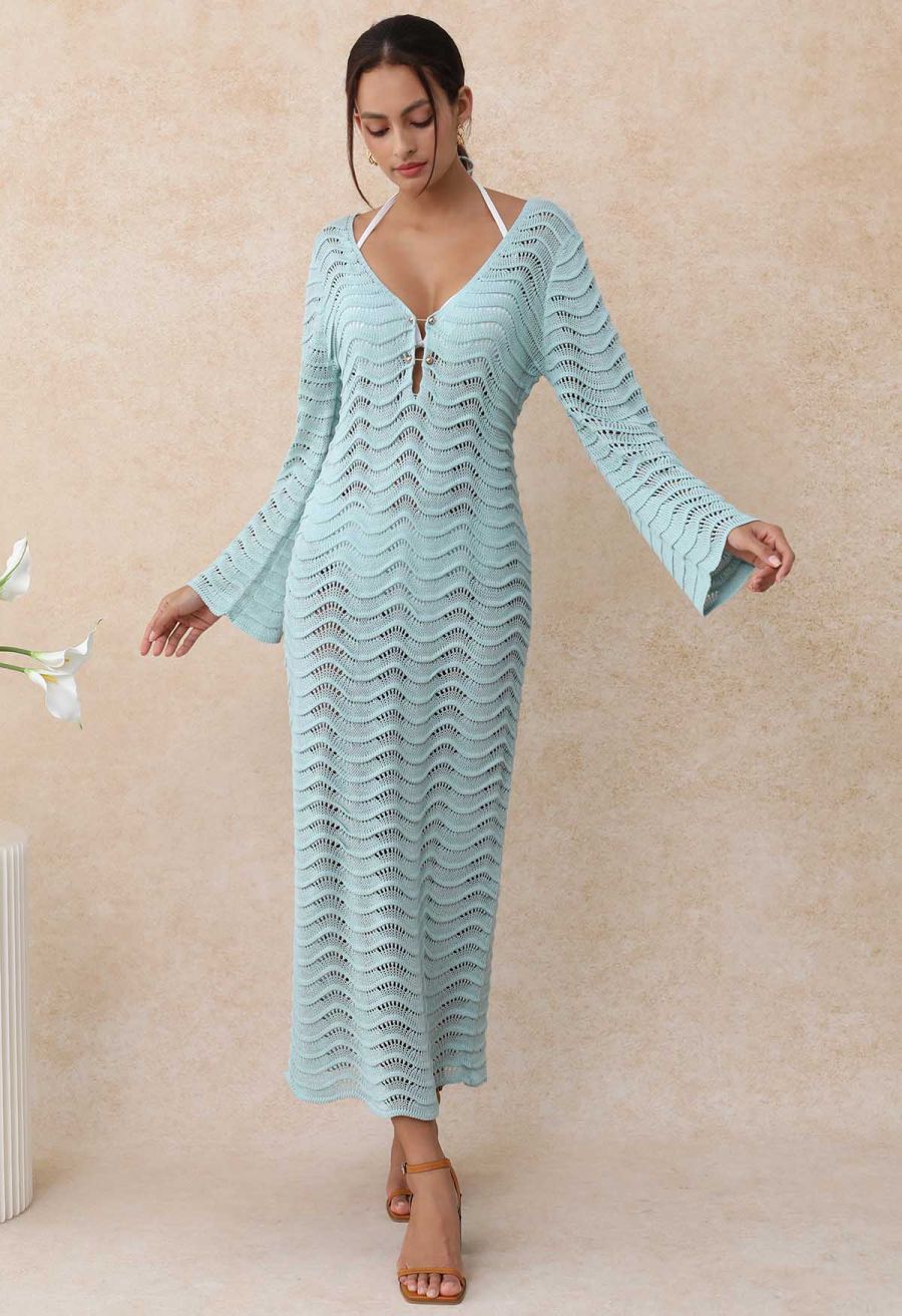V-Neck Wavy Open-Knit Crochet Cover-Up Maxi Dress in Mint