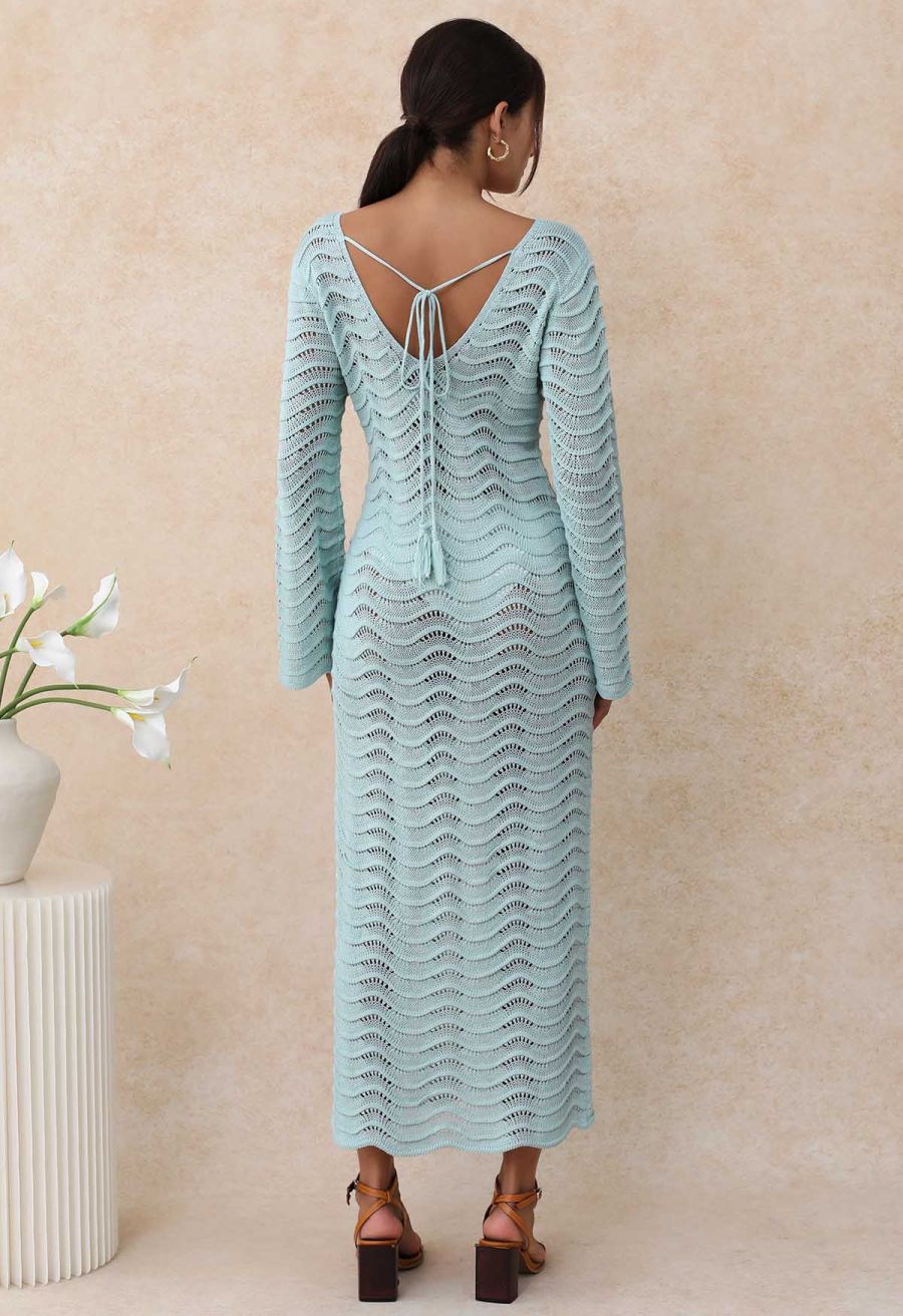 V-Neck Wavy Open-Knit Crochet Cover-Up Maxi Dress in Mint