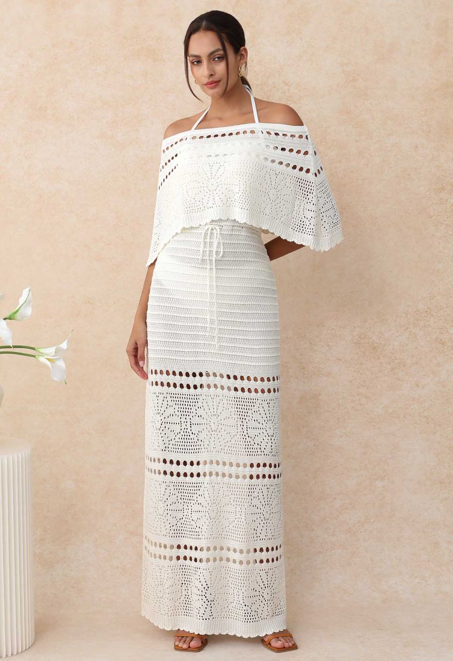 Off-Shoulder Open-Knit Crochet Twinset Dress in Ivory