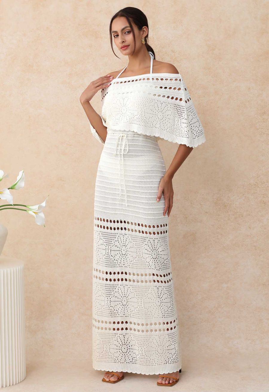 Off-Shoulder Open-Knit Crochet Twinset Dress in Ivory