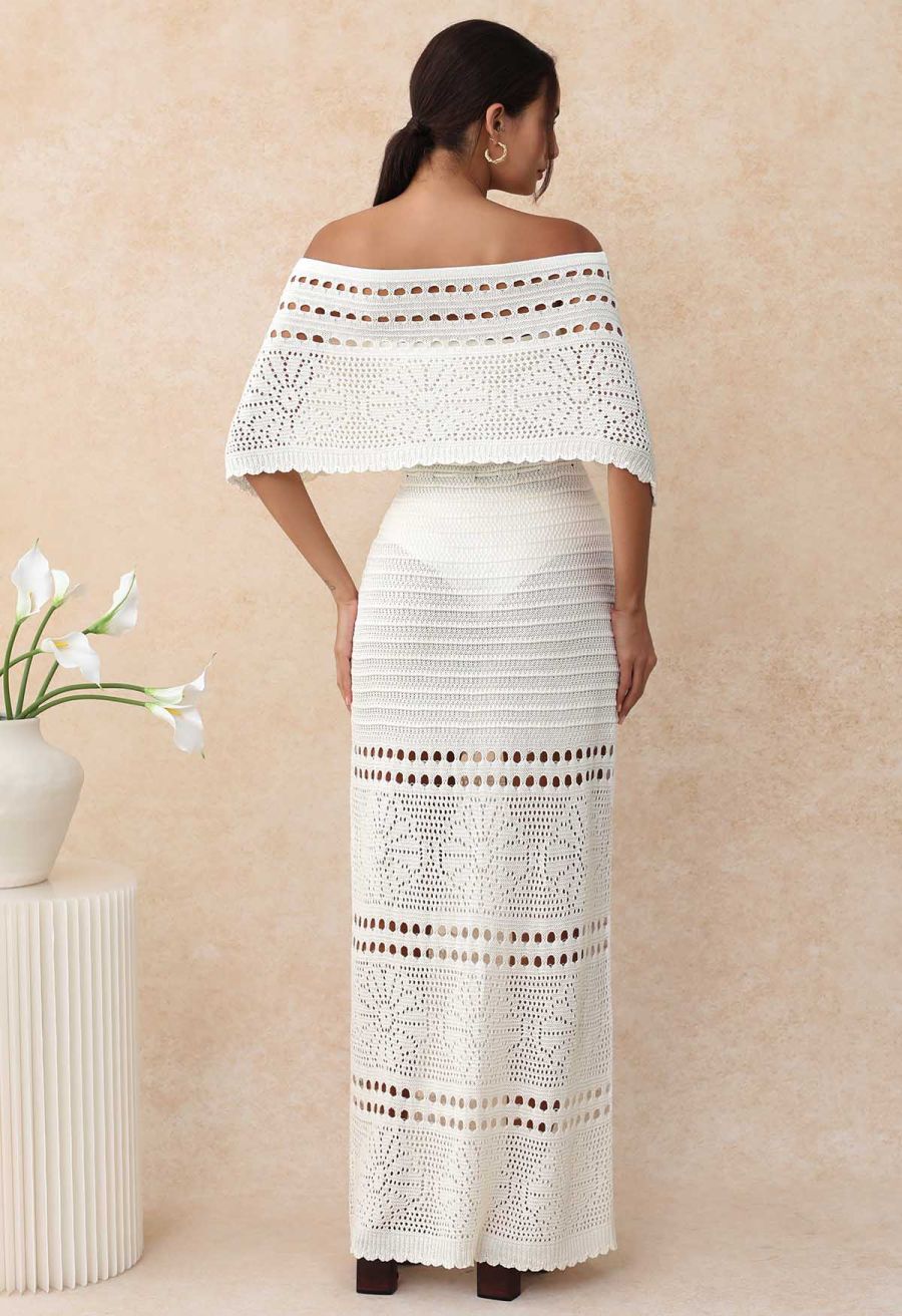 Off-Shoulder Open-Knit Crochet Twinset Dress in Ivory
