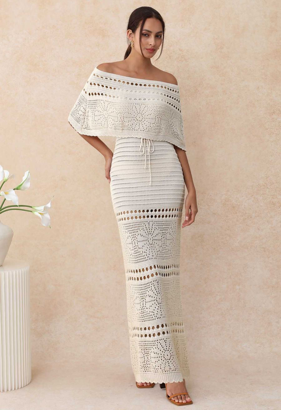 Off-Shoulder Open-Knit Crochet Twinset Dress in Sand
