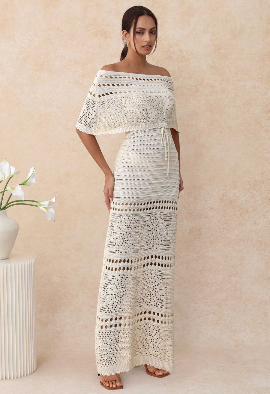 Off-Shoulder Open-Knit Crochet Twinset Dress in Sand