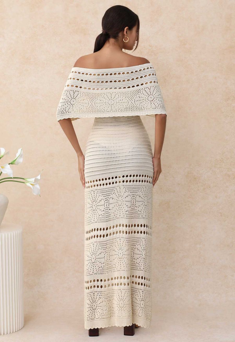 Off-Shoulder Open-Knit Crochet Twinset Dress in Sand