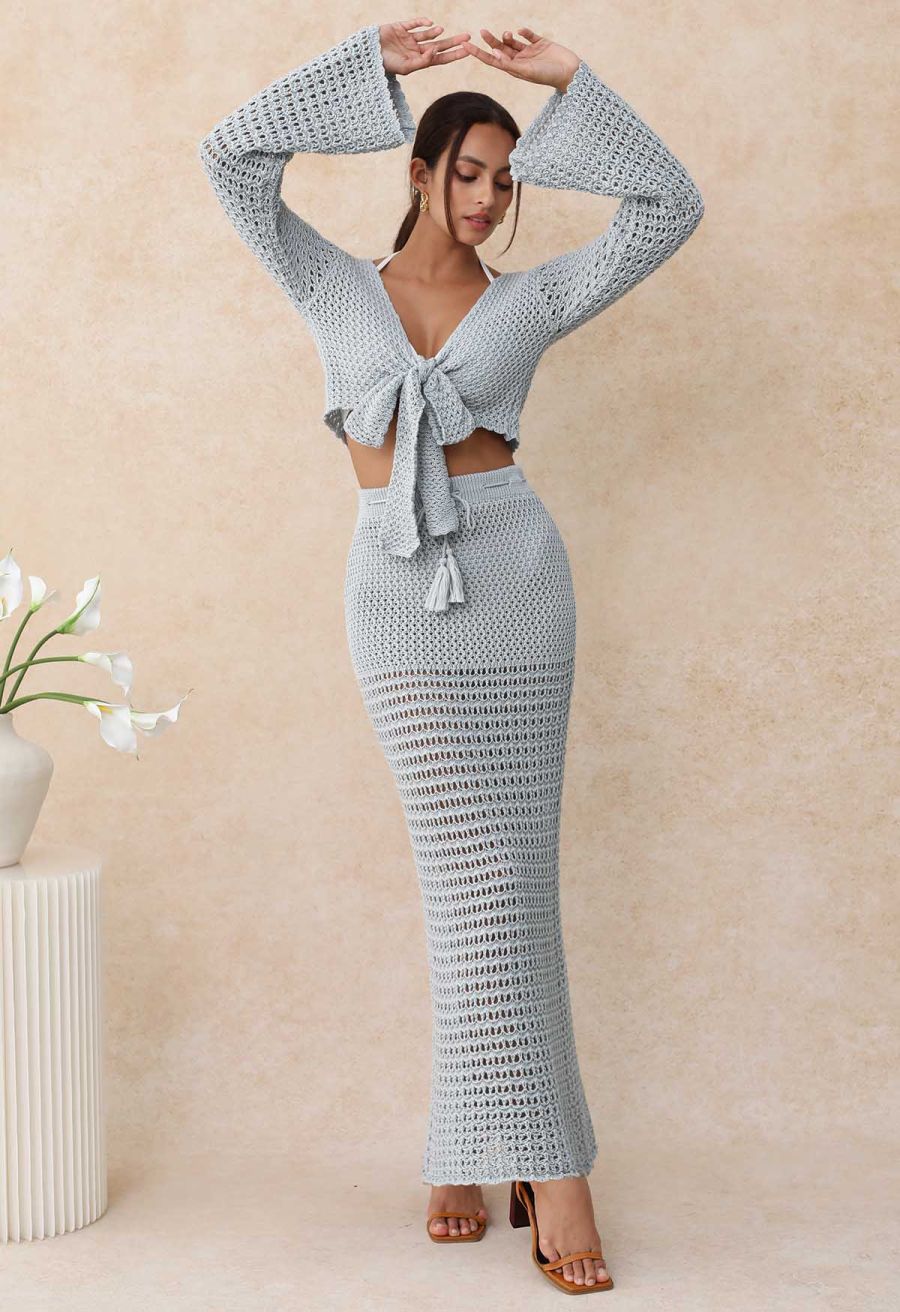 Tie-Knot Open-Knit Crochet Wrap Top and Maxi Skirt Set in Dusty Blue