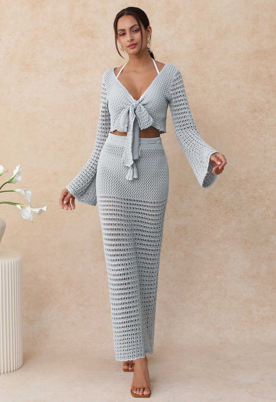 Tie-Knot Open-Knit Crochet Wrap Top and Maxi Skirt Set in Dusty Blue