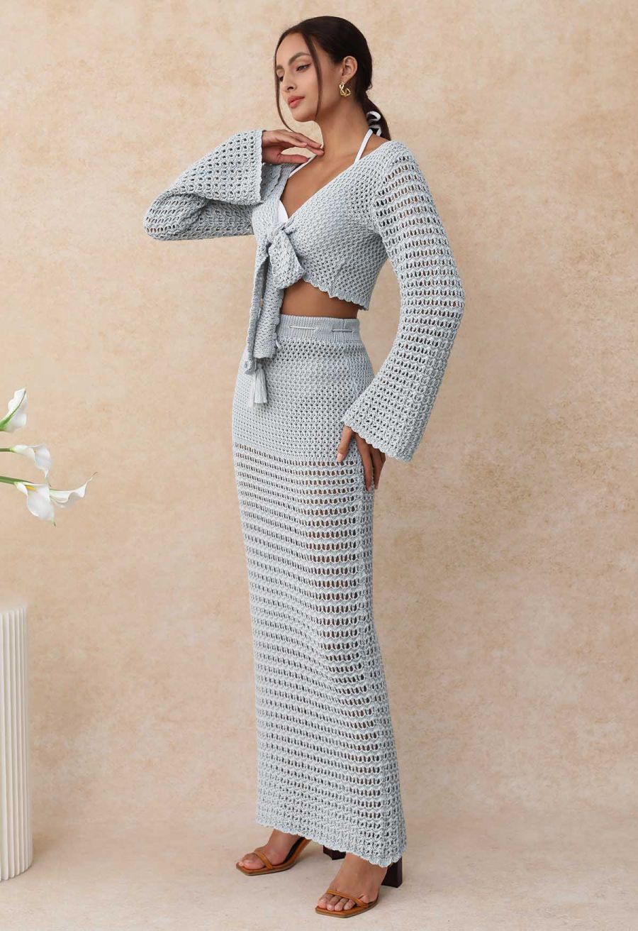 Tie-Knot Open-Knit Crochet Wrap Top and Maxi Skirt Set in Dusty Blue