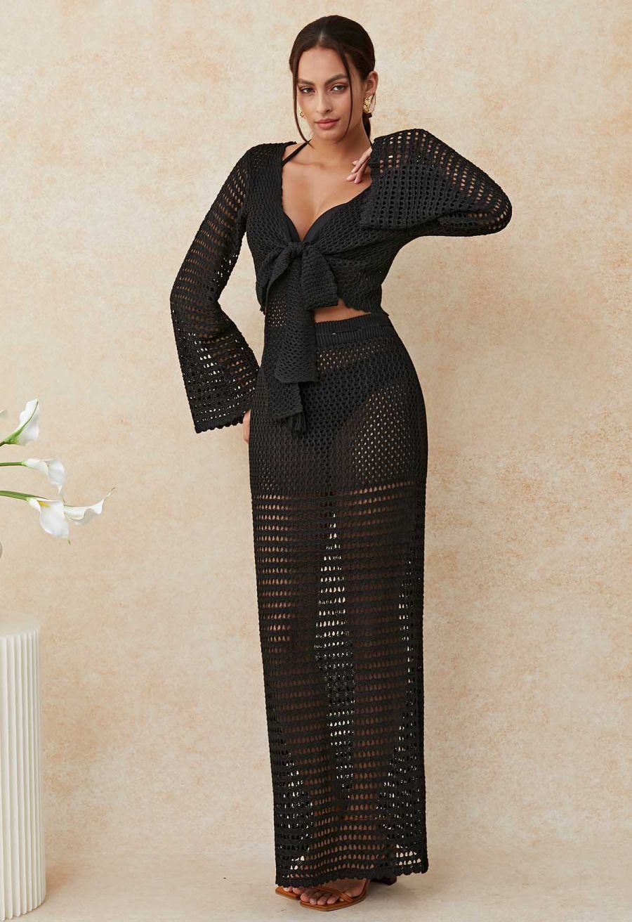 Tie-Knot Open-Knit Crochet Wrap Top and Maxi Skirt Set in Black