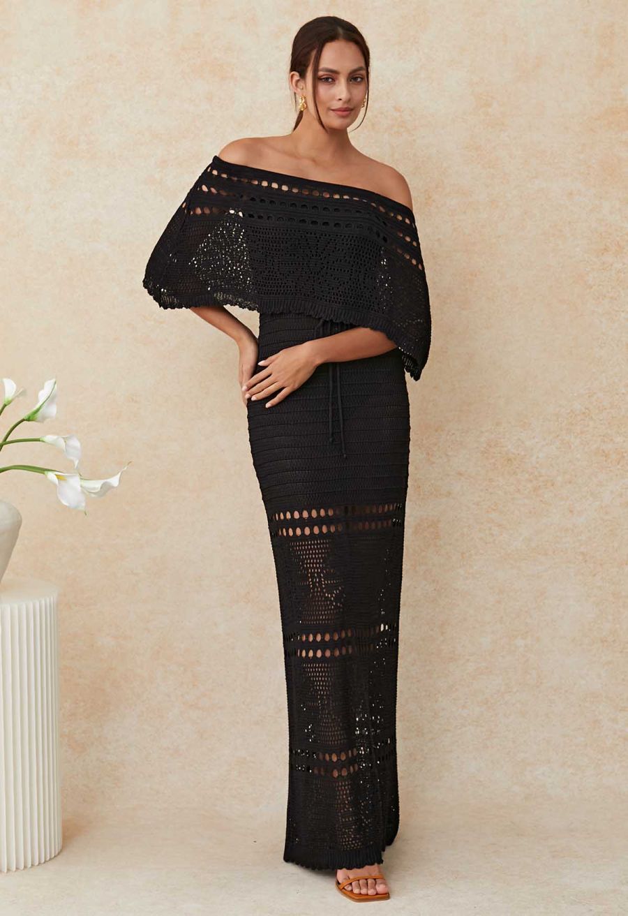 Off-Shoulder Open-Knit Crochet Twinset Dress in Black
