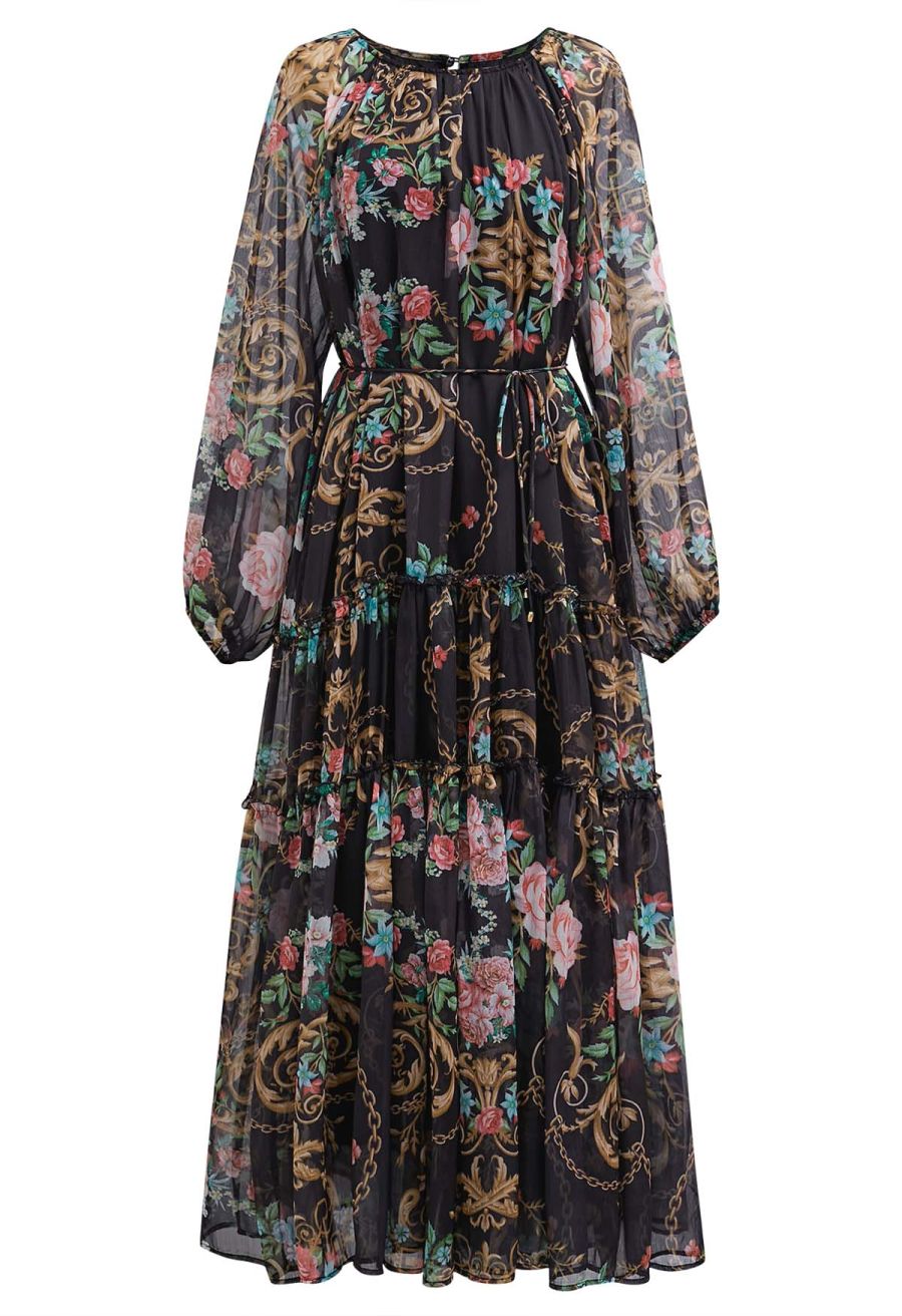 Peony Printed Ruffle Lantern Sleeve Maxi Dress in Black