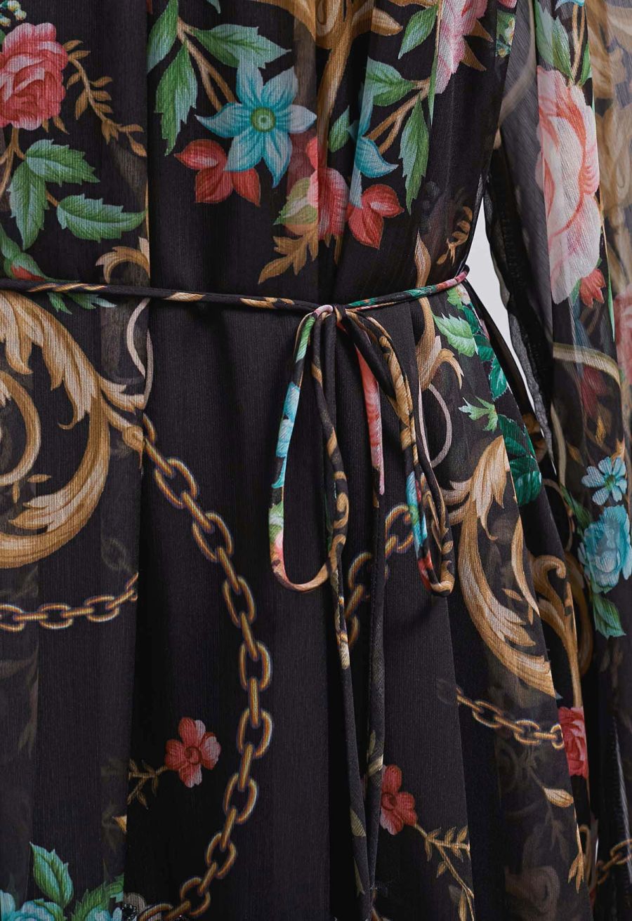 Peony Printed Ruffle Lantern Sleeve Maxi Dress in Black
