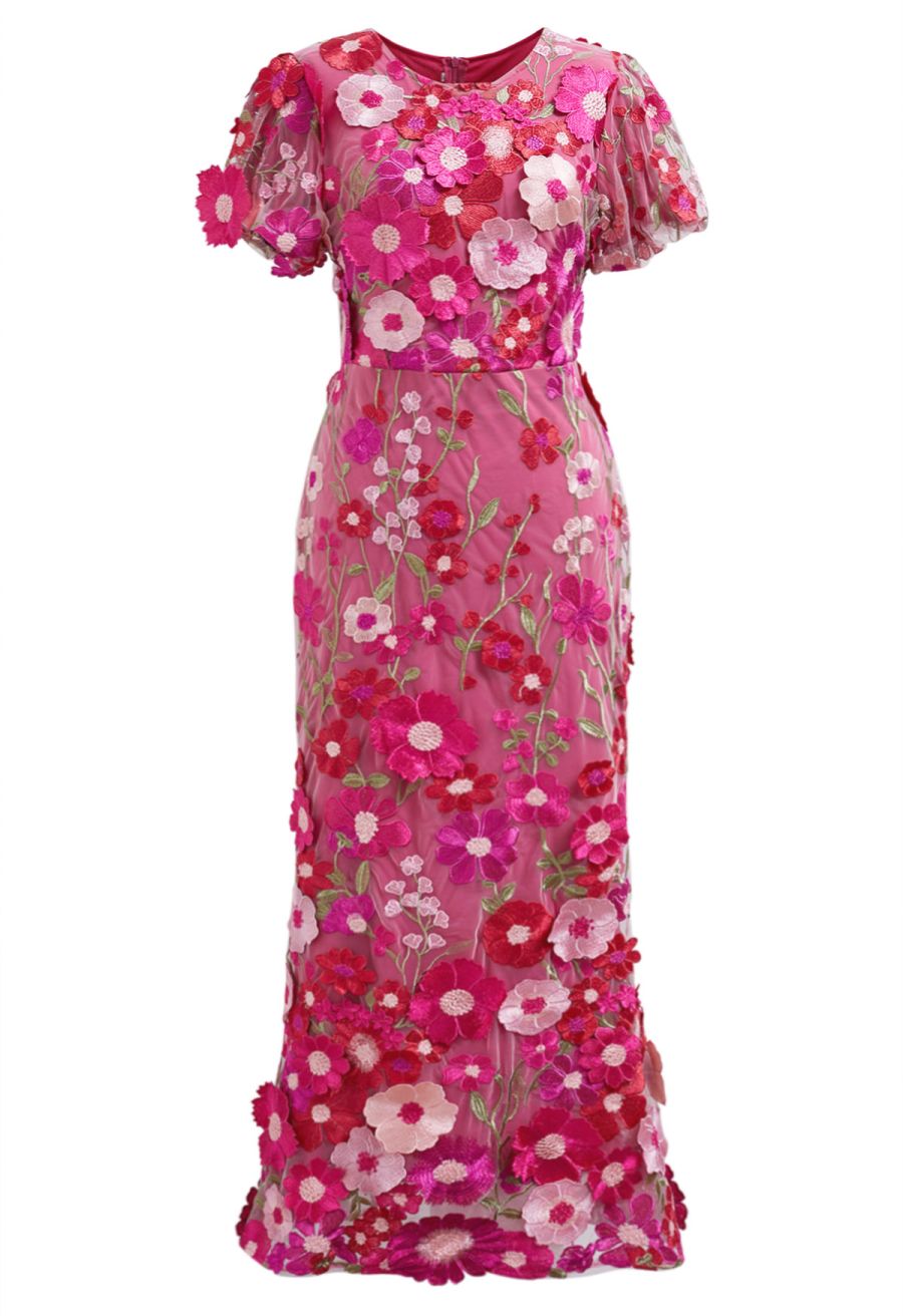 3D Floral Applique Mesh Tulle Mermaid Maxi Dress in Magenta