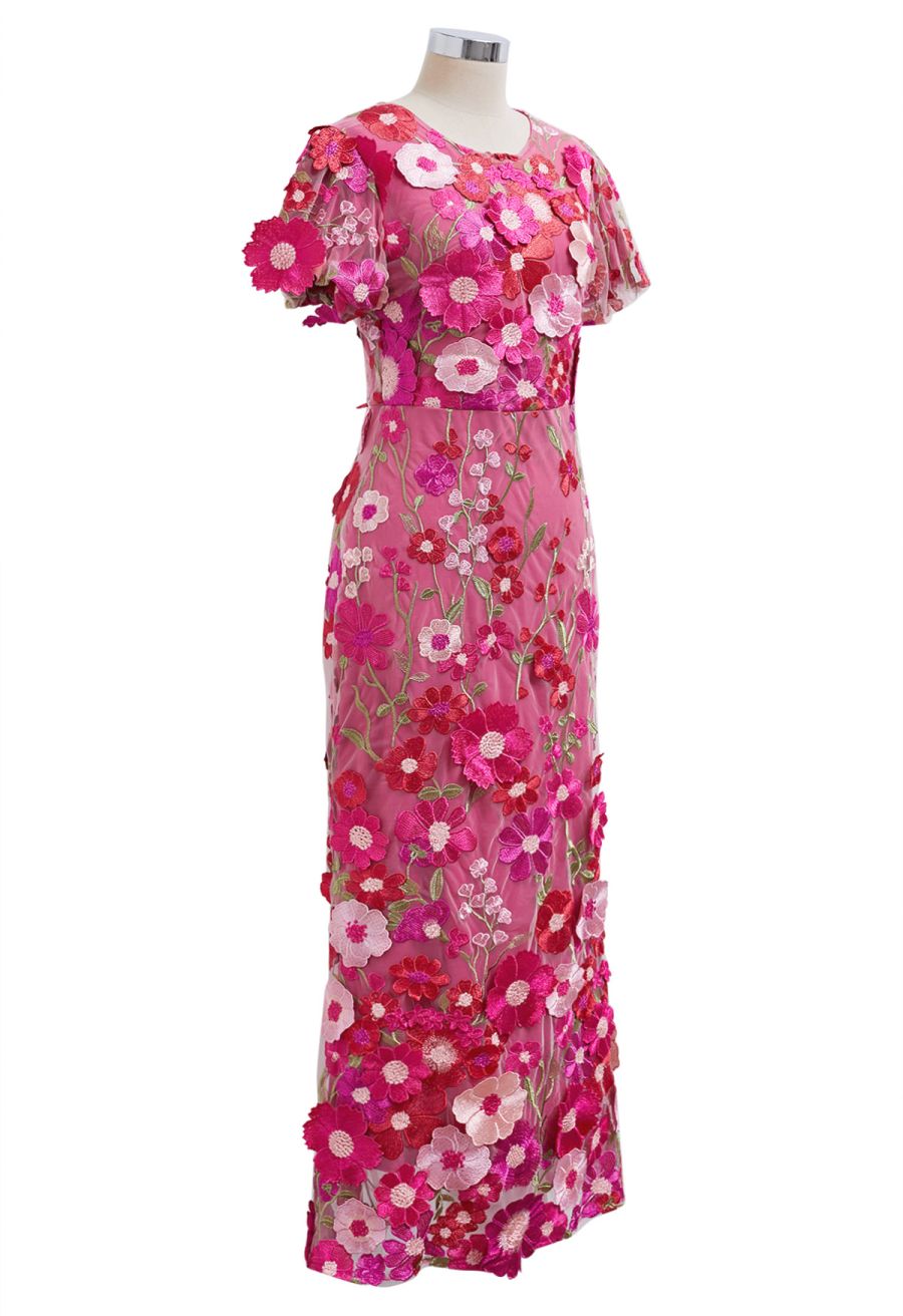 3D Floral Applique Mesh Tulle Mermaid Maxi Dress in Magenta