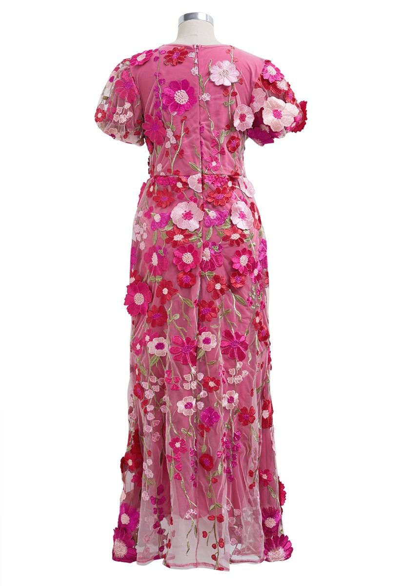 3D Floral Applique Mesh Tulle Mermaid Maxi Dress in Magenta