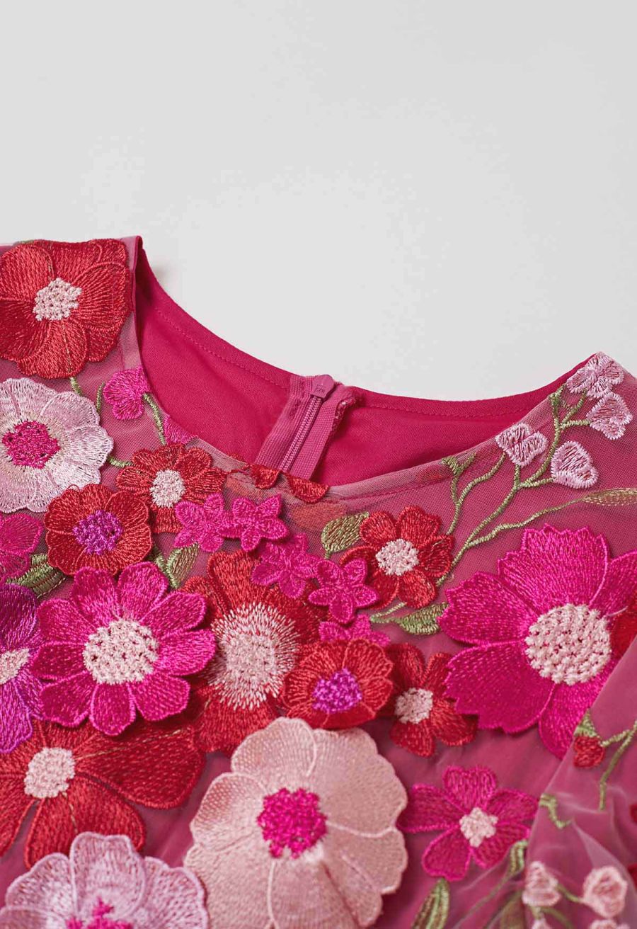 3D Floral Applique Mesh Tulle Mermaid Maxi Dress in Magenta