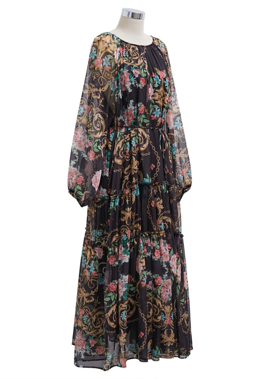 Peony Printed Ruffle Lantern Sleeve Maxi Dress in Black