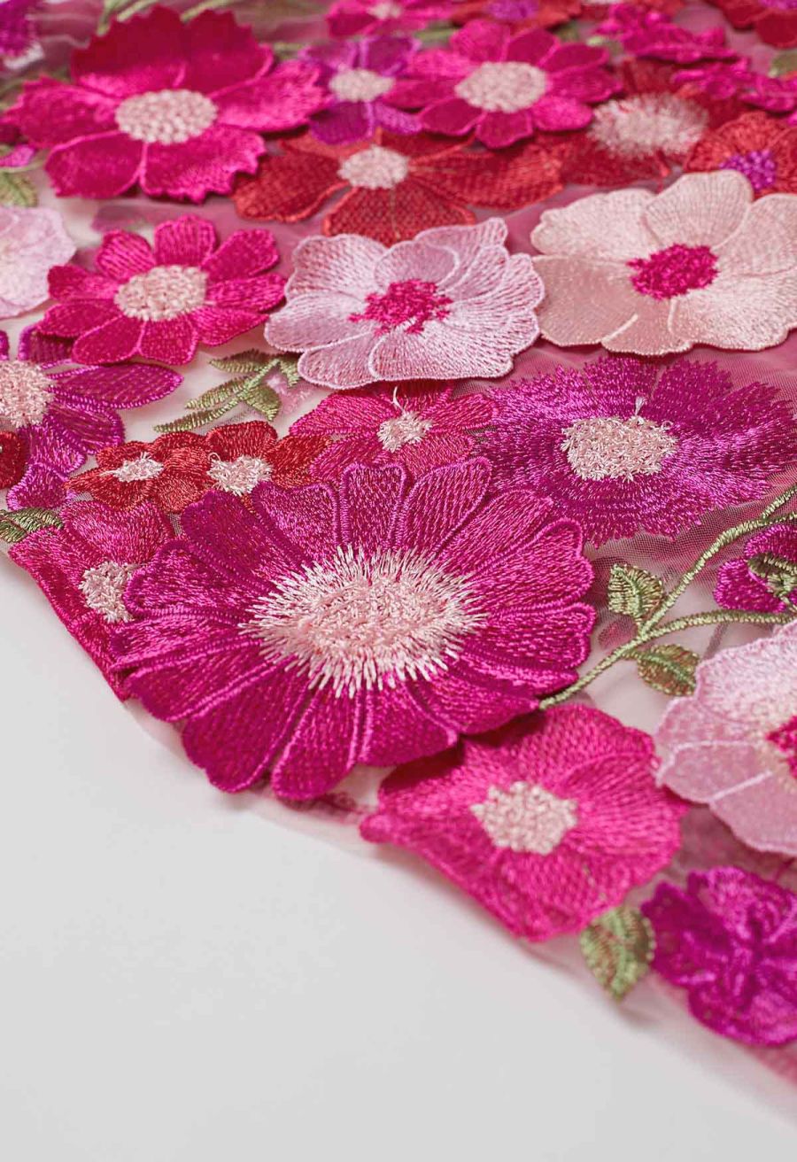 3D Floral Applique Mesh Tulle Mermaid Maxi Dress in Magenta