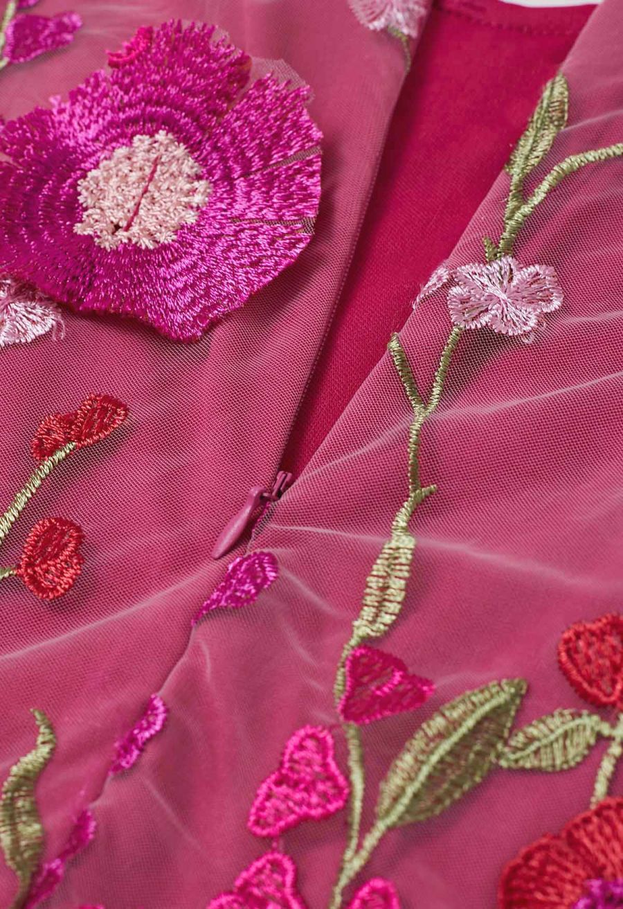 3D Floral Applique Mesh Tulle Mermaid Maxi Dress in Magenta