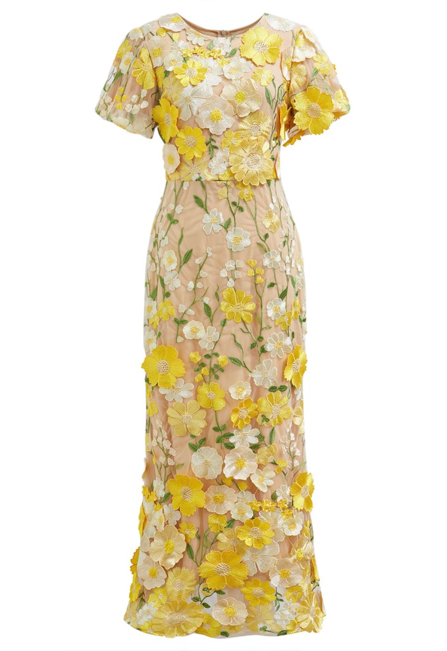 3D Floral Applique Mesh Tulle Mermaid Maxi Dress in Yellow