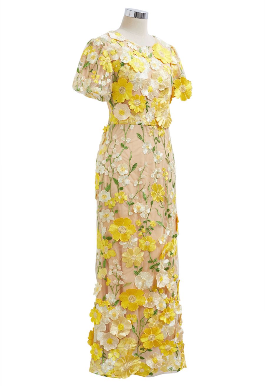3D Floral Applique Mesh Tulle Mermaid Maxi Dress in Yellow