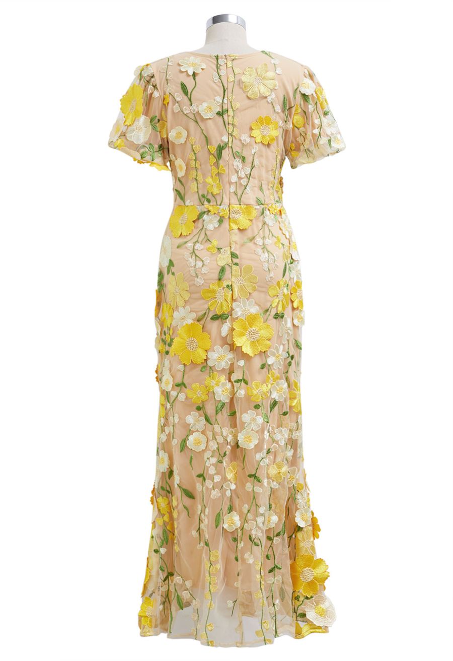 3D Floral Applique Mesh Tulle Mermaid Maxi Dress in Yellow