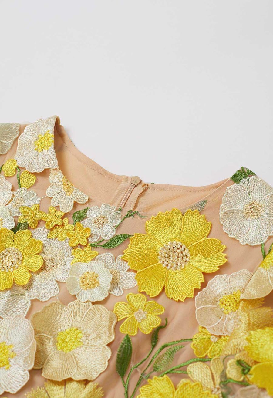 3D Floral Applique Mesh Tulle Mermaid Maxi Dress in Yellow