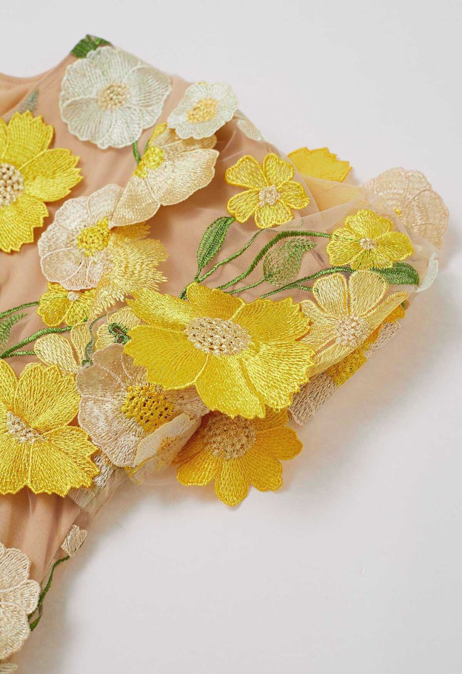 3D Floral Applique Mesh Tulle Mermaid Maxi Dress in Yellow