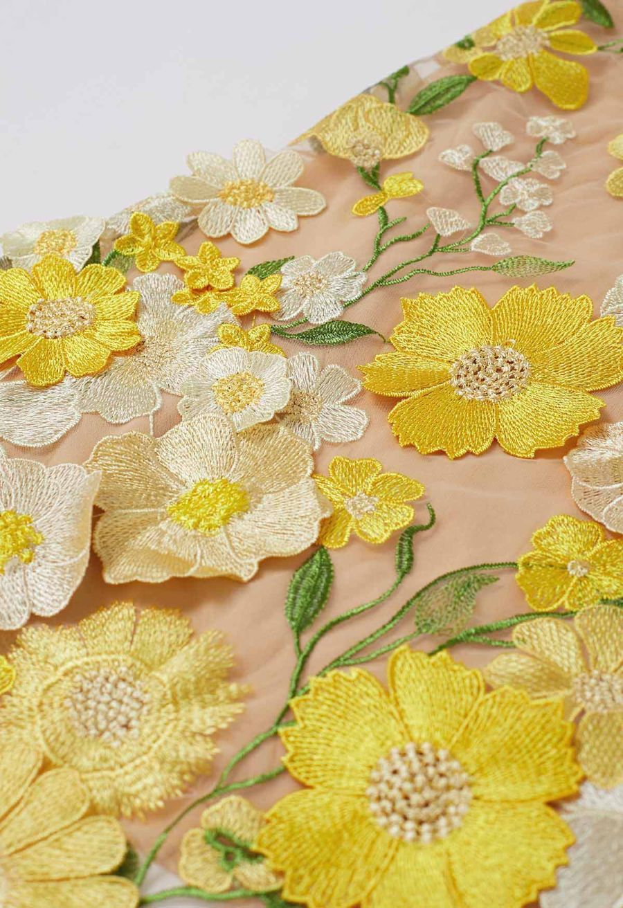 3D Floral Applique Mesh Tulle Mermaid Maxi Dress in Yellow