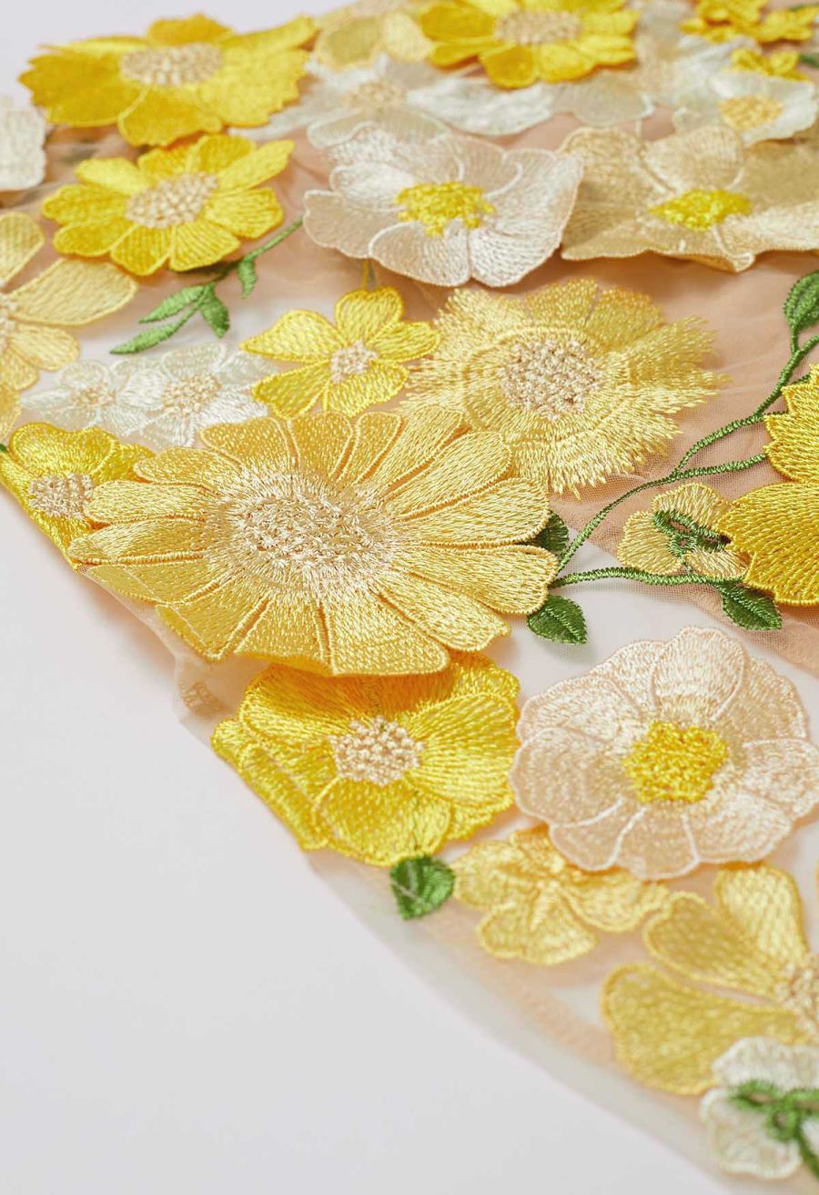 3D Floral Applique Mesh Tulle Mermaid Maxi Dress in Yellow