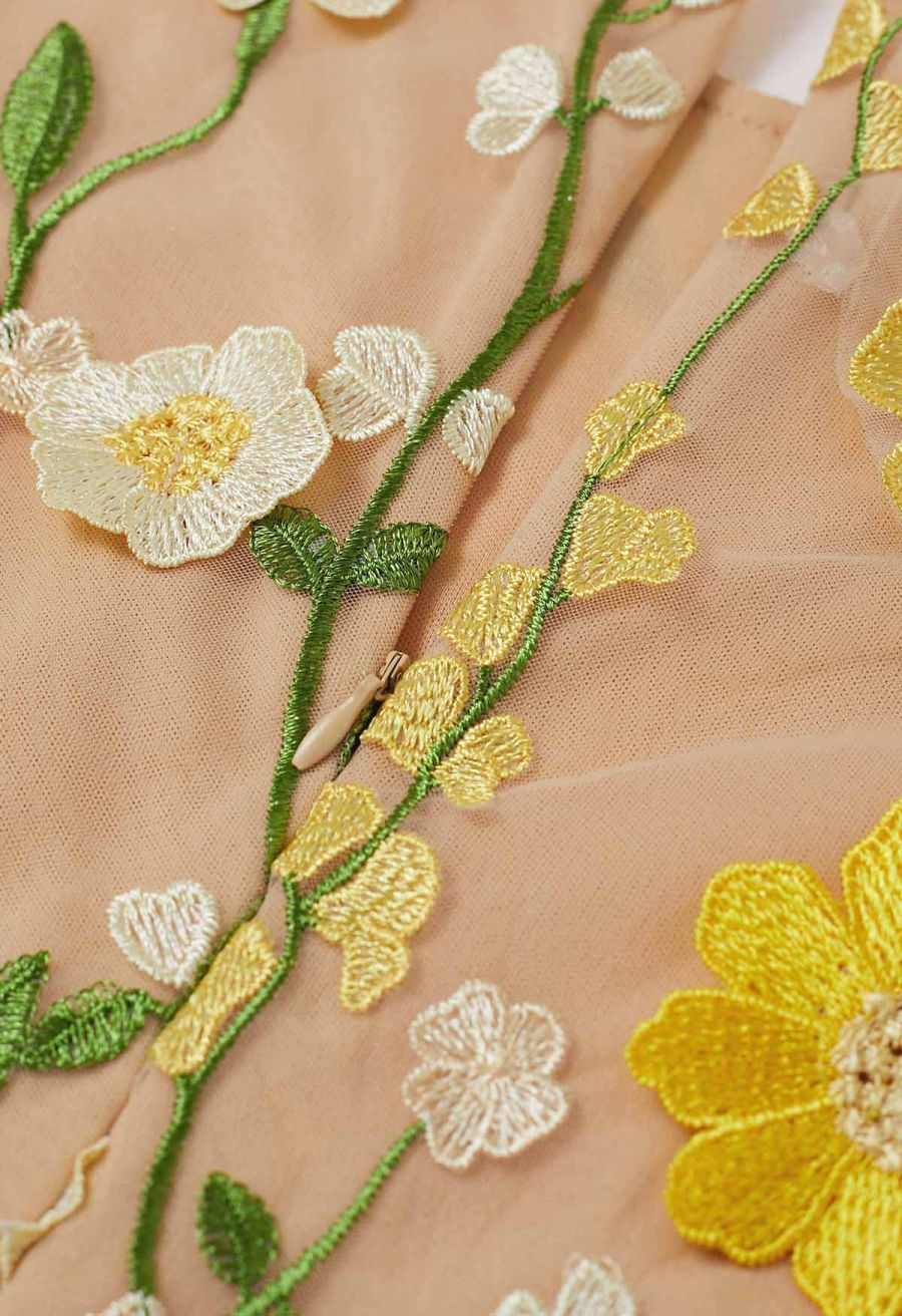 3D Floral Applique Mesh Tulle Mermaid Maxi Dress in Yellow