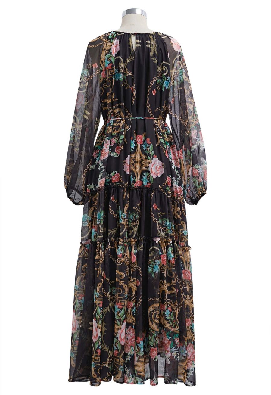 Peony Printed Ruffle Lantern Sleeve Maxi Dress in Black