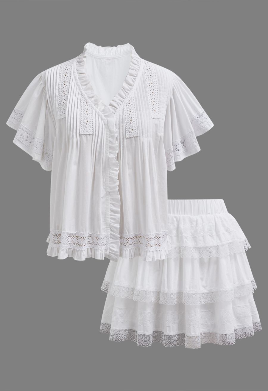 Lace Panel Pintuck Top and Tiered Mini Skirt Set in White