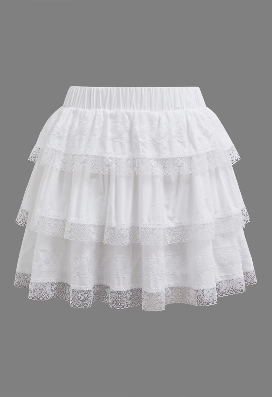 Lace Panel Pintuck Top and Tiered Mini Skirt Set in White