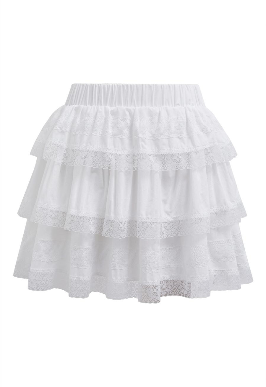 Lace Panel Pintuck Top and Tiered Mini Skirt Set in White