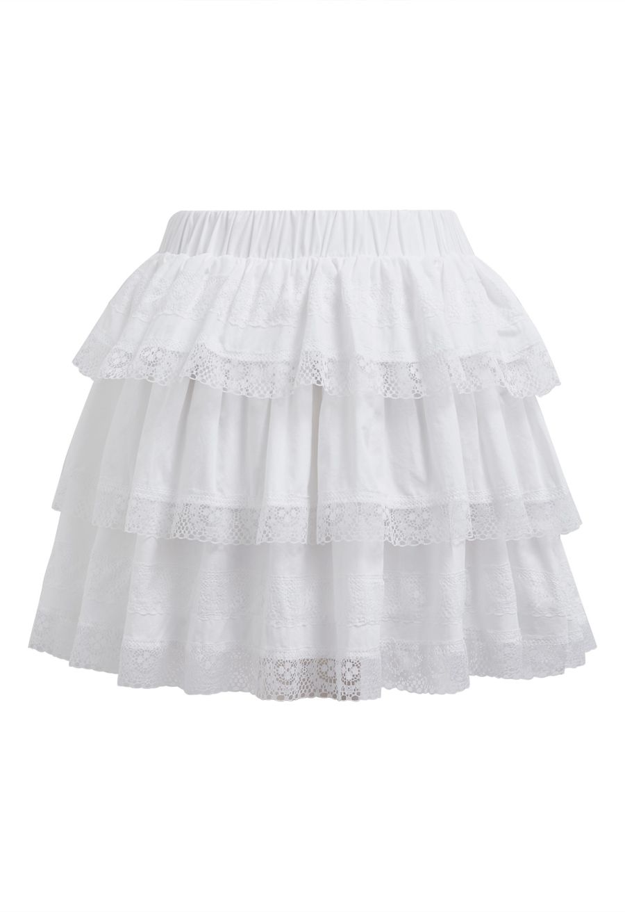 Lace Panel Pintuck Top and Tiered Mini Skirt Set in White