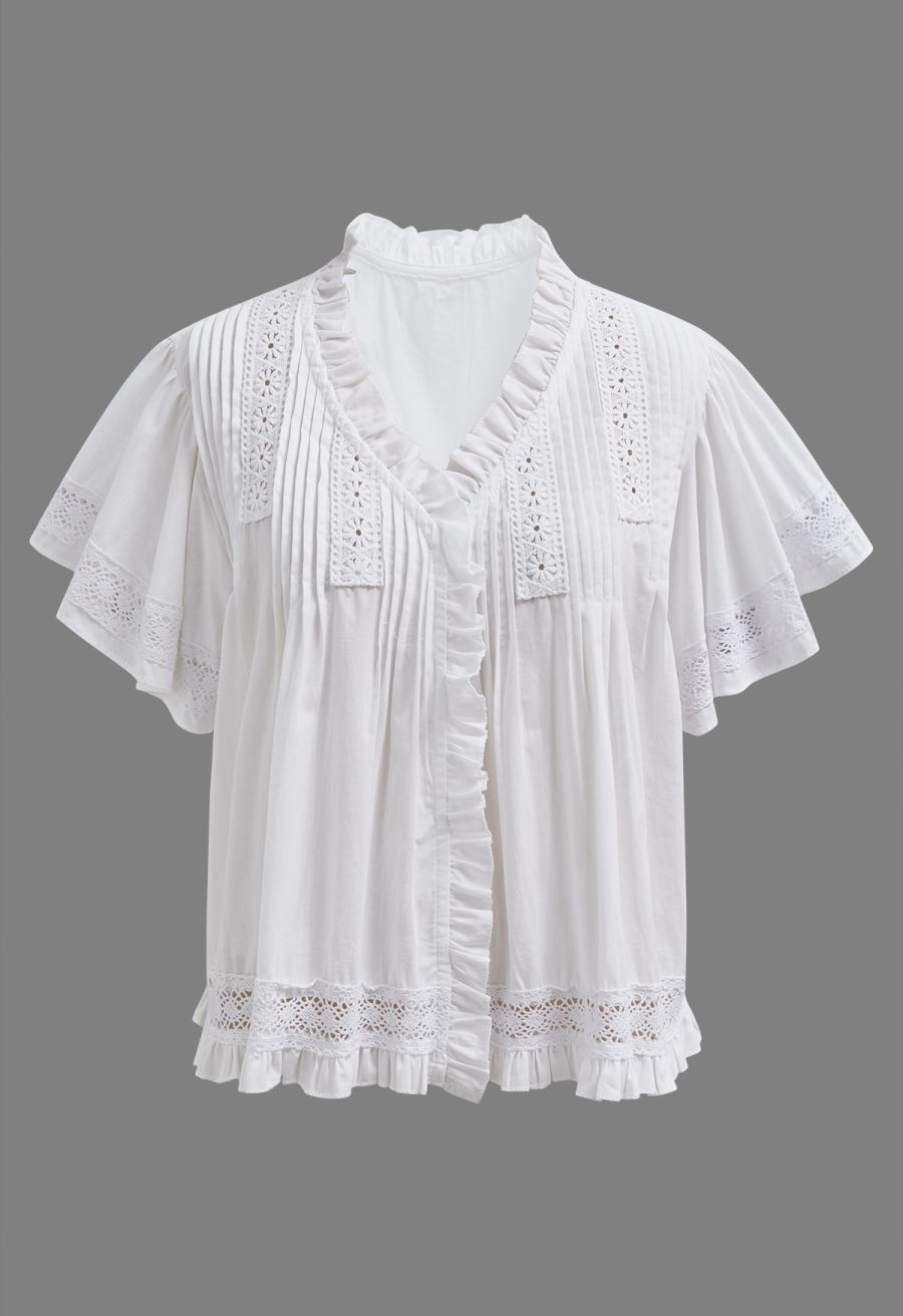 Lace Panel Pintuck Top and Tiered Mini Skirt Set in White