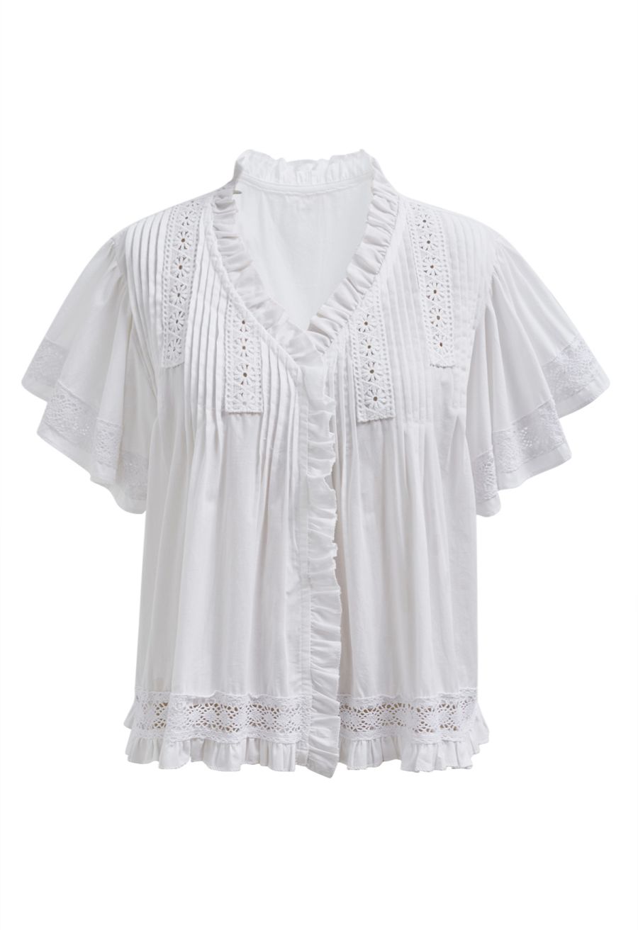 Lace Panel Pintuck Top and Tiered Mini Skirt Set in White