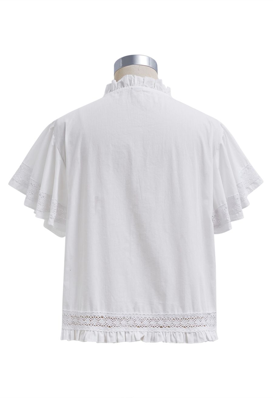 Lace Panel Pintuck Top and Tiered Mini Skirt Set in White