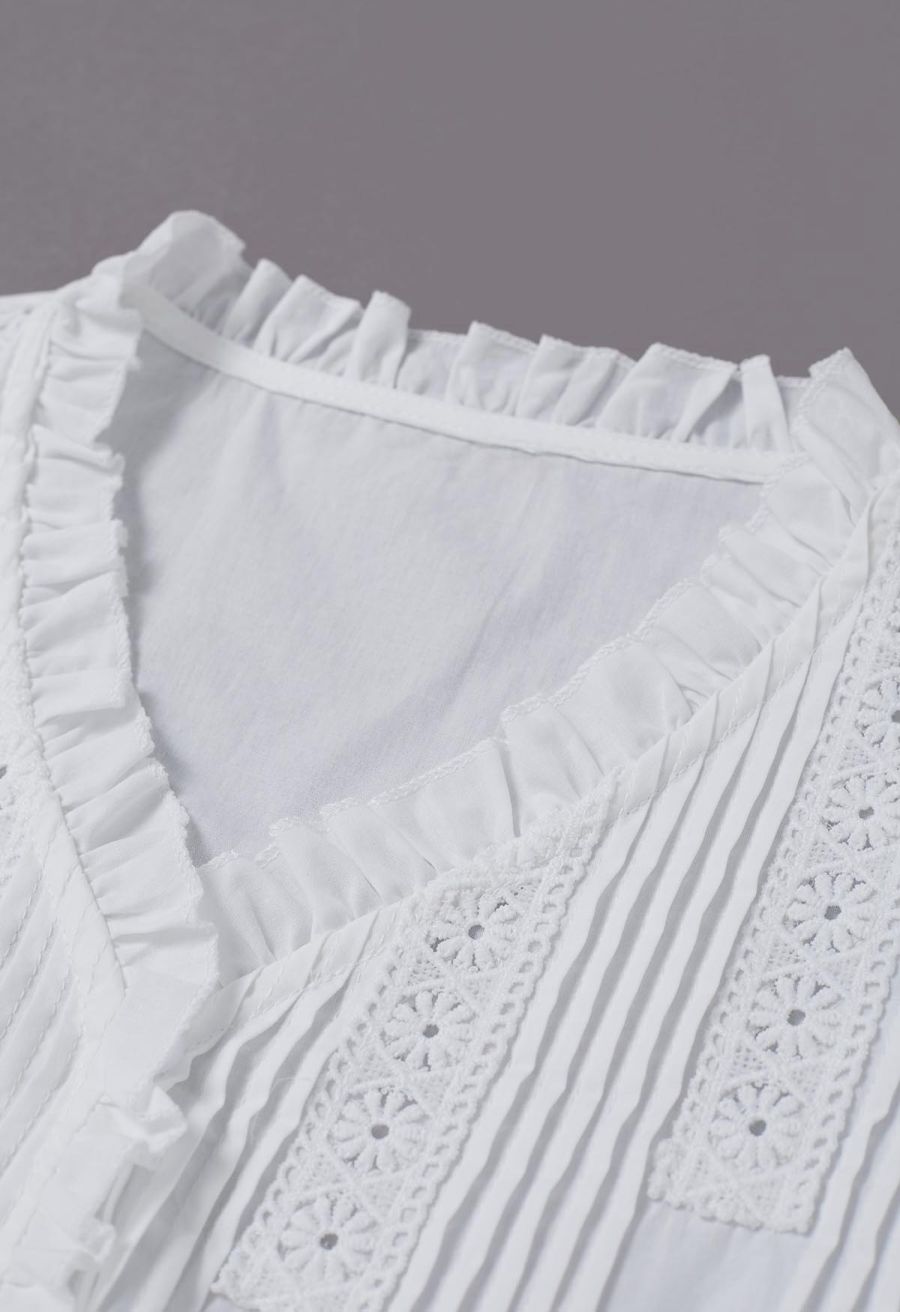 Lace Panel Pintuck Top and Tiered Mini Skirt Set in White