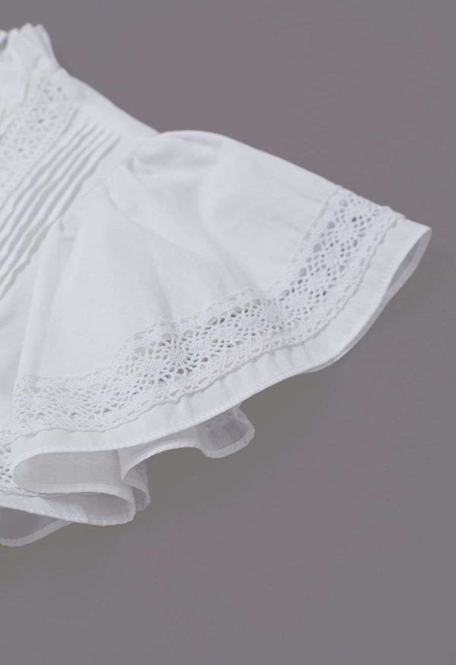 Lace Panel Pintuck Top and Tiered Mini Skirt Set in White