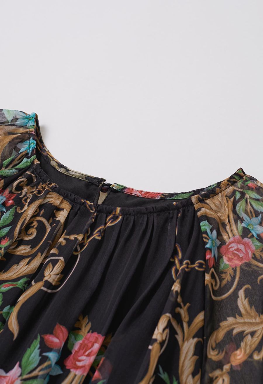 Peony Printed Ruffle Lantern Sleeve Maxi Dress in Black