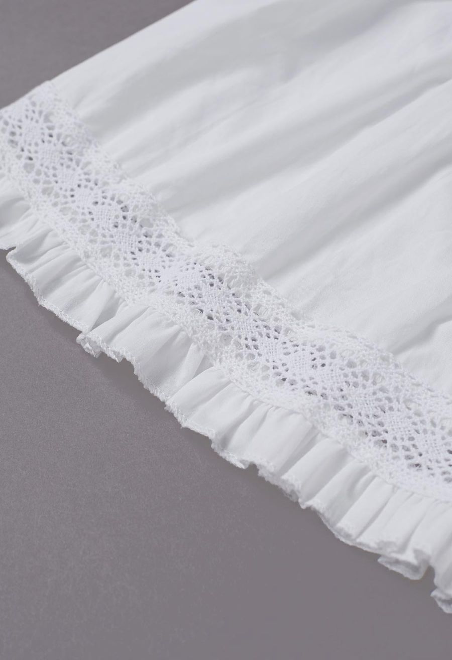 Lace Panel Pintuck Top and Tiered Mini Skirt Set in White
