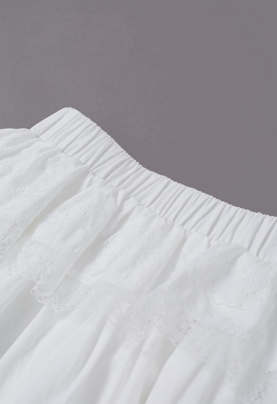 Lace Panel Pintuck Top and Tiered Mini Skirt Set in White